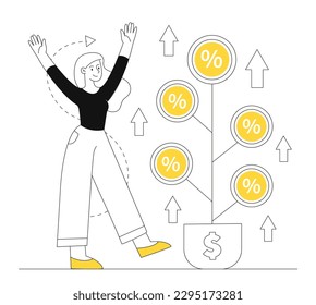 Woman with investments. Young girl stands near plant with gold coins. Financial literacy and passive income, economy. Successful trader or investor with earnings. Cartoon flat vector illustration