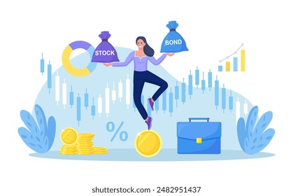 Woman investor balancing as acrobat on giant dollar coin, choosing between stocks and bonds. Diversify portfolio investments. Wealth accumulate. Balanced investment strategy. Finance asset allocation