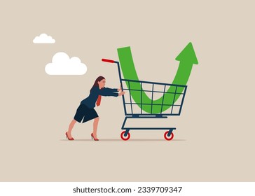 Woman investor buy stock with down arrow graph in shopping cart. Purchase stock when price drop. Make profit from market collapse. Vector illustration. svg