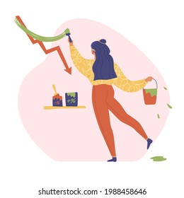Woman investor draws a growth graph with a green paint brush. Investments, trading, market quotes, currency, exchange, drop in quotations, schedule, scale. Vector illustration. Financial blogging.
