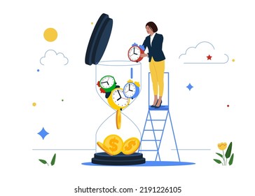 Woman investor putting time pieces, time is money. Alarm clock into sandglass falling to money profit return. Long term investment return, retirement pension fund. 