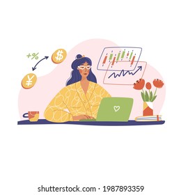 Woman investor is sitting by laptop. Investments, trading, market quotes, currency, exchange, rise, fall, interest rate, schedule, scale. Vector illustration. Financial blogging, web site, news design