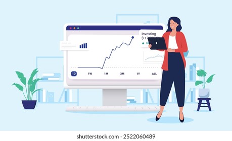 Woman investor success - Female person doing investment in stock market looking at rising chart and graph, smiling over growth and return on investments. Flat design vector illustration