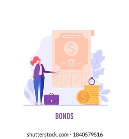Woman invests in bonds, receive coupons. Concept of return on investment, financial solutions, passive income, government bonds. Vector illustration in flat design for web banner, landing page