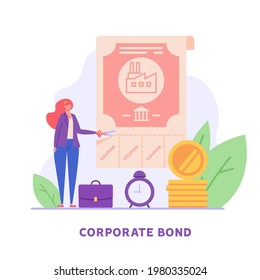 Woman invests in bonds, receive coupons. Concept of return on investment, financial solutions, passive income, corporate bonds. Vector illustration in flat design for web banner, UI