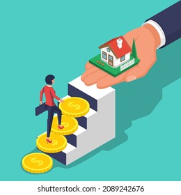 Woman invests in housing. Payment for the house. Money ladder as a metaphor. Purchase of an apartment. Buying a property. Vector illustration isometric design style. Template for sale, rental home.