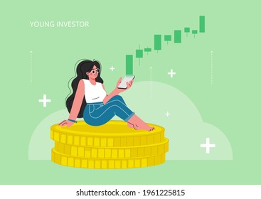 A woman invests in stock market, money income, rising rate, profit, young generation. Modern flat vector illustration. A young girl is sitting on coins and watches the exchange rate go up.