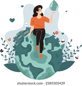 A woman invites everyone to save water. with a colorful flat design concept. to promote environmental protection.