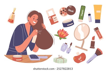 Woman Involved In Hair Care Routine Surrounded By Various Beauty Products. Cartoon Vector Illustration Of Self-Grooming