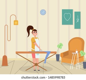 Woman iron clothes on ironing board. woman ironing a T-shirt. Young future mum doing housework. Character flat vector illustration,mama smiled,mom's job,mama at home,mama's activity.- vektor