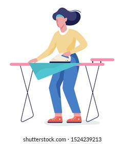 Woman iron clothes on ironing board. Idea of domestic work and laundry. Housework concept. Flat illustration