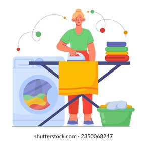 Woman with ironing board concept. Young girl with iron and clothes after washing. Routine and household chores, hygiene. Template, layout and mock up. Cartoon flat vector illustration