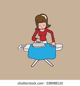 Woman ironing clothe house work cartoon drawing