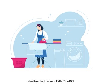 Woman ironing clothes. Cleaning service concept. Vector illustration on blue background