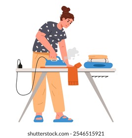 Woman ironing clothes flat vector illustration isolated on white. House chores.