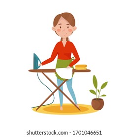 Woman ironing clothes, housewife doing household chores. Ironing board, iron, clothes, carpet. Vector illustration.