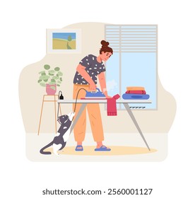 Woman ironing clothes in the living room flat vector illustration. House chores.