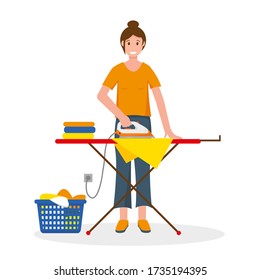 Woman ironing clothes on an ironing board. Housewife at home. Household concept design. Vector illustration on white background.