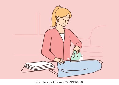 Woman ironing clothes on an ironing board. Domestic worker. Maid service concept. Cartoon young girl in gray dress and brown apron. Flat vector design