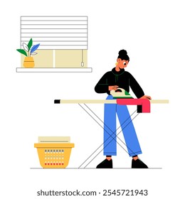 Mujer Planchando Ropa En El Tablero En Ilustración vectorial Plana Que Simboliza Las Tareas Domésticas, La Lavandería Y La Tarea Doméstica, Aislado Sobre Fondo Blanco