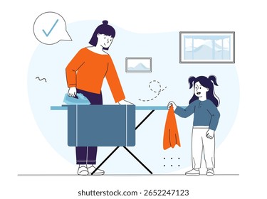 Woman ironing clothes while a young girl hands her a shirt, cartoon style, with light blue indoor background. Concept of family chores and teamwork. Vector illustration
