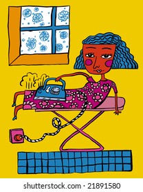 A woman ironing herself.