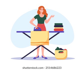 Mujer plancha la ropa. Niña joven plancha ropa y ropa. Limpieza, tareas domésticas y rutina. Ama de casa cerca de la cesta con la ropa. Ilustración vectorial plana aislada sobre fondo blanco