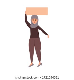 woman in islamic clothing holding a blank board vector illustration