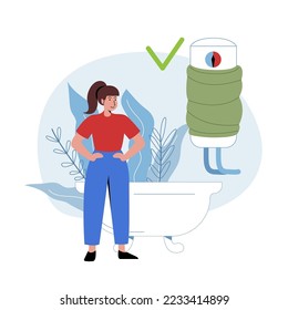 Woman isolate water tank in bathroom. Ecological awareness. Reduce electricity consumption concept. Vector design.
