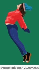 Woman isolated, jumping in mid-air, arms back, wearing autumn or winter clothes.
