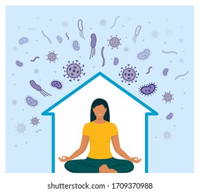 Woman isolating at home and doing meditation, she is protecting herself from contagion and boosting her immune system