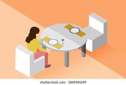 A woman isometric waiting to be contacted alone at a restaurant