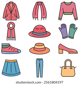 
 Woman items and accessories. Collection of bags, shoes, high heels and cosmetics on white background. Vector illustration.