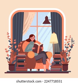 Woman with iterature in hands. reading book, sitting on sofa. Reading hobby. Flat vector illustration.
