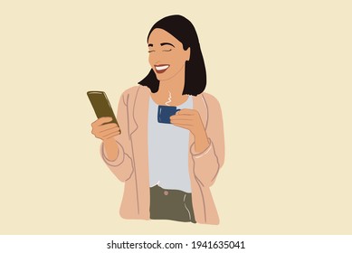 Una mujer con chaqueta bebe café y usa el teléfono antes de trabajar por la mañana. Ilustración vectorial. Concepto de estilo de vida.
