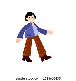 Woman in jacket. Female character walk. Girl in casual autumn clothes on the move. Trendy modern illustration isolated on white