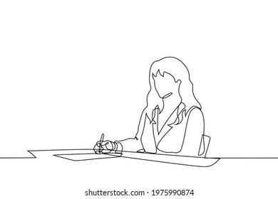 woman in a jacket signs documents while sitting at her desk - one line drawing vector. concept of manager, female office worker or boss checks or signs documents