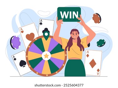 Woman with jackpot at casino. Young girl with sign near roulette wheel. Gambling and games for luck and fortune. Poker cards and chips. Flat vector illustration isolated on white background