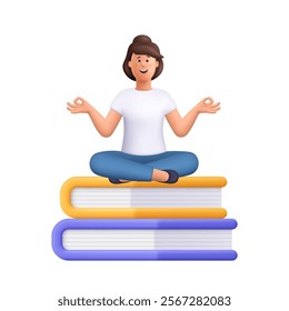 Woman Jane meditating, sitting sitting in yoga lotus pose with wise gesturing on large stack of textbooks. Education, reading and literature concept. 3d vector people character. 