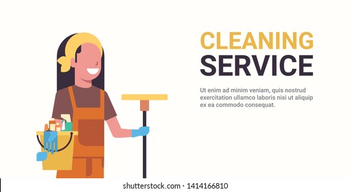 woman janitor holding bucket with tools and mop cleaning service concept smiling female worker portrait horizontal copy space flat