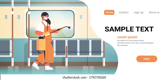 woman janitor in mask spraying with disinfectants in subway train cleaner disinfecting coronavirus cells to prevent covid-19 pandemic cleaning service concept full length copy space vector