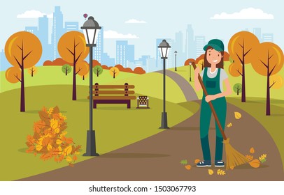 Woman Janitor Sweeping and Cleaning Road from Leaves with Broom in Hands Flat Cartoon Vector Illustration. Street Cleaner Character Wearing Hat and Uniform in Park. Autumn Season.