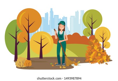 Woman Janitor Sweeping Road from Leaves with Broom Flat Cartoon Vector Illustration. Street Cleaner Character Wearing Uniform in Park. Autumn Season. Fallen Leaves Piles. City Background.