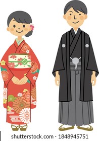 A woman in japanese furisode and a man in a japanese hakama