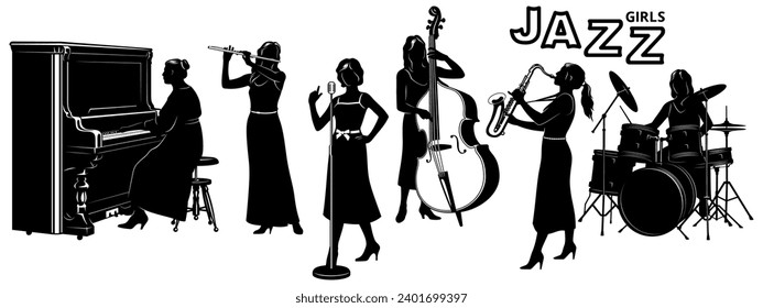 Woman Jazz Band Silhouettes Set. Pianist, Flutist, Singer, Double Bassist, Saxophonist, Drummer. Vector cliparts.