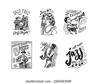 Woman jazz singer sings into a microphone Sketch. Afro American saxophonist. Male musician with a guitar in a hat on a poster. Hand drawn logo or badge. Doodle vector illustration.