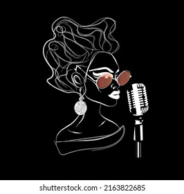 Woman Jazz Singer In Sunglasses, Microphone. Retro Style, 60s Hairstyle. Black And White Drawing