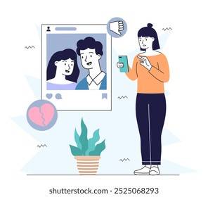 Mulher com ciúmes. Menina com smartphone olha para a foto de seu ex namorado. Sentimentos negativos e emoções, depressão e frustração. Ilustração de vetor linear isolada no plano de fundo branco