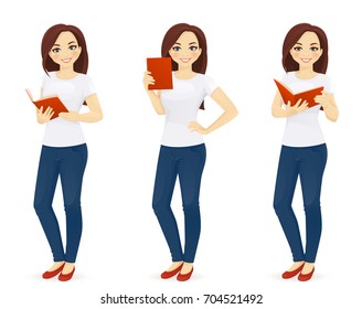 Woman in jeans with book