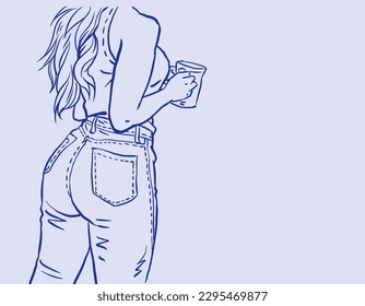 Woman in jeans holding a cup of coffee vector for card, decoration, illustration